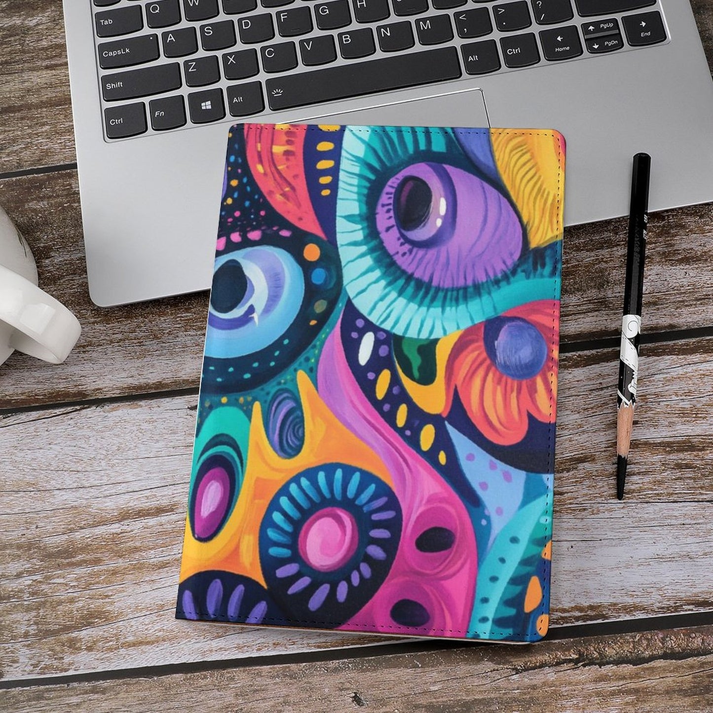Cubierta de cuaderno personalizado sicodélico con nombre, dibujo, logo (A5)