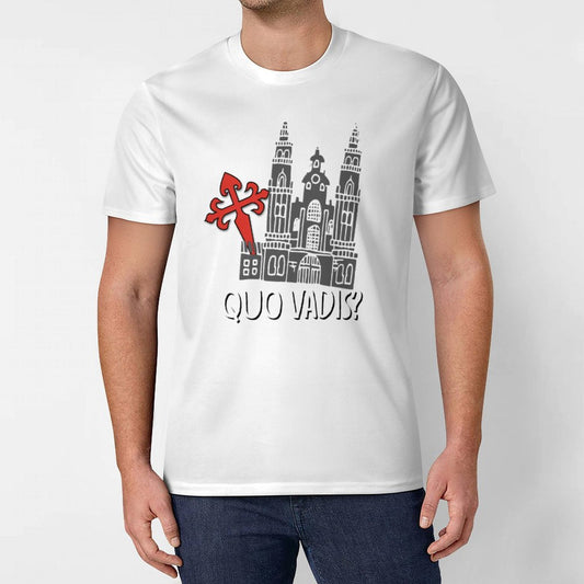 Camiseta Quo Vadis Camino de Santiago – Estampado completo con Cruz de Santiago y Catedral de Compostela