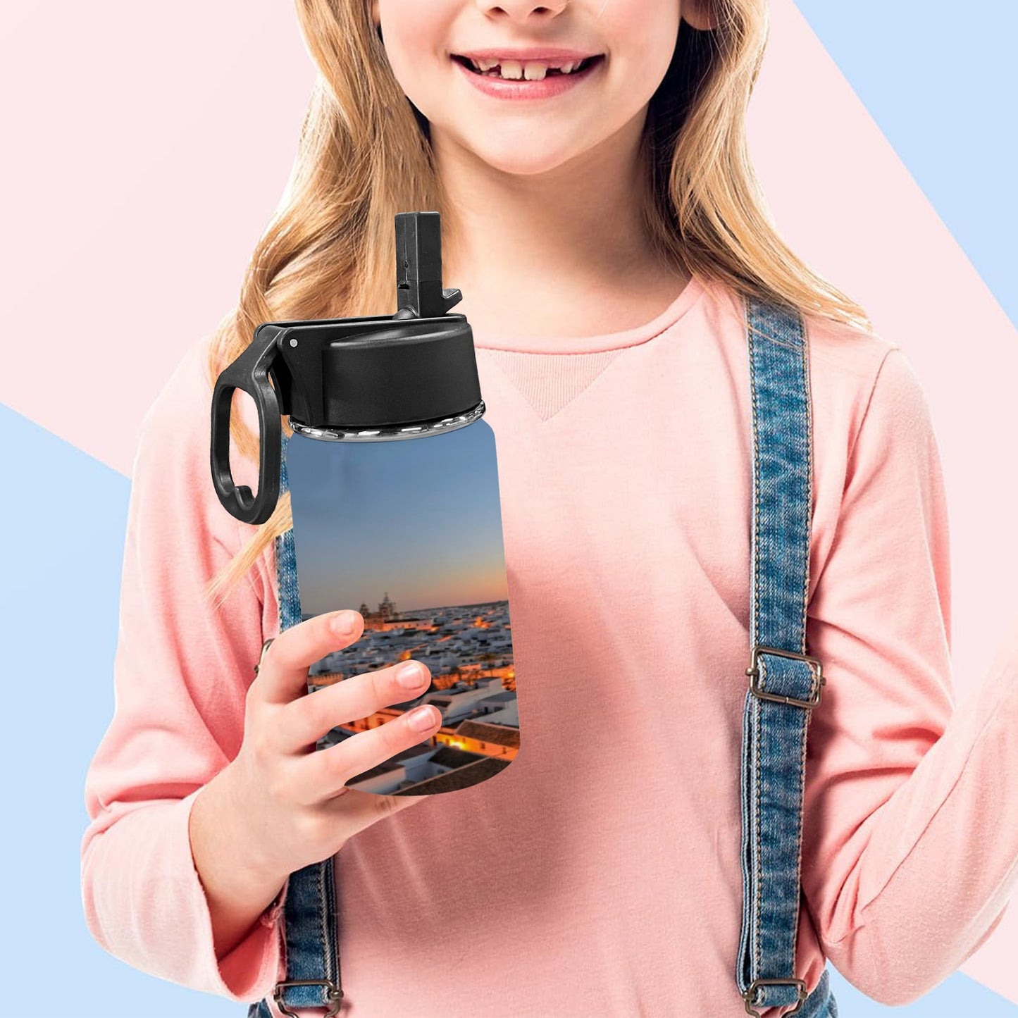 Botella de agua para niños con tapa de pajita puesta de sol (12 oz)