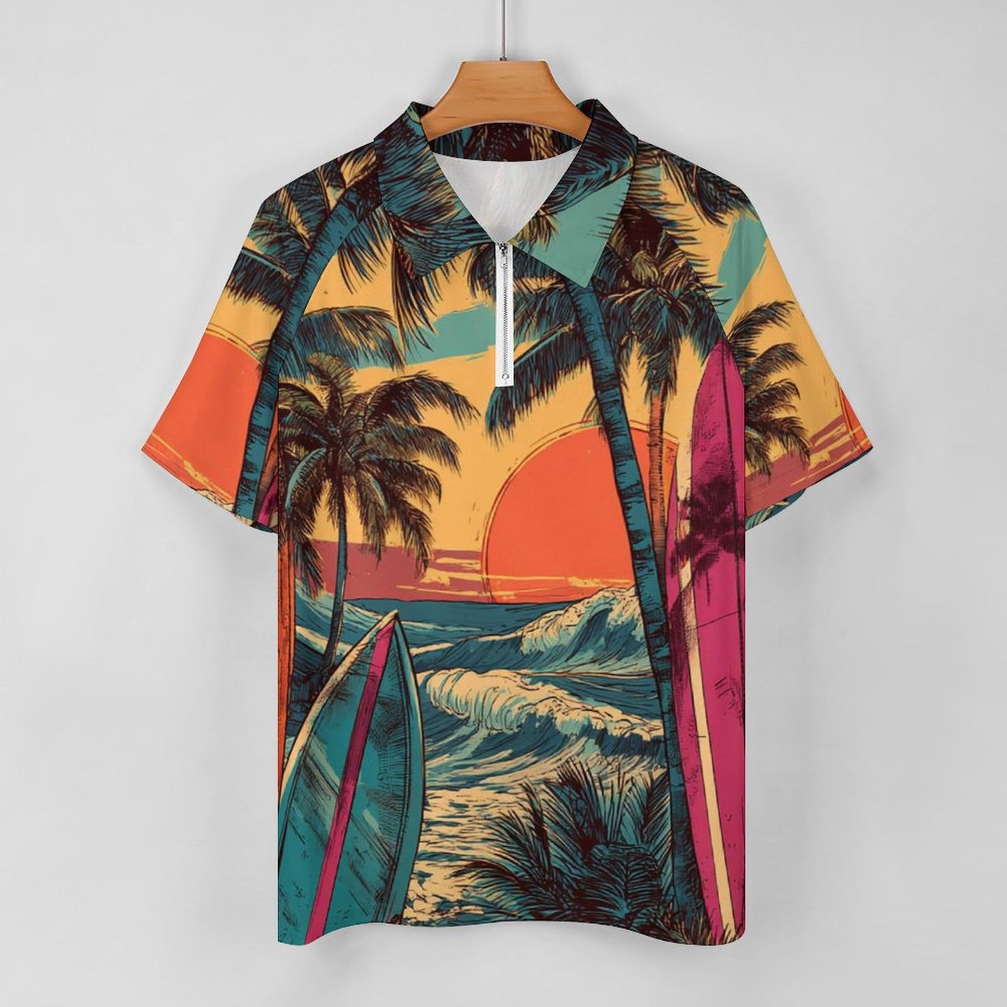 Polo deportivo tropical de manga corta con cremallera para hombre