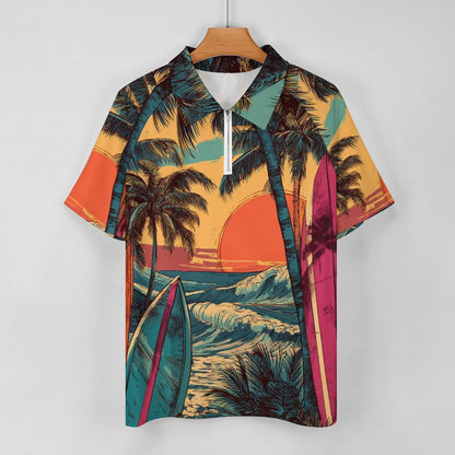 Polo deportivo tropical de manga corta con cremallera para hombre