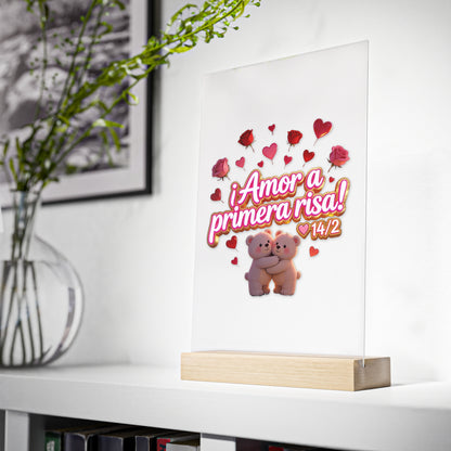 Acrylic Sign — "Amor a Primera Risa" Valentine’s Desk Decor (Wooden Stand)