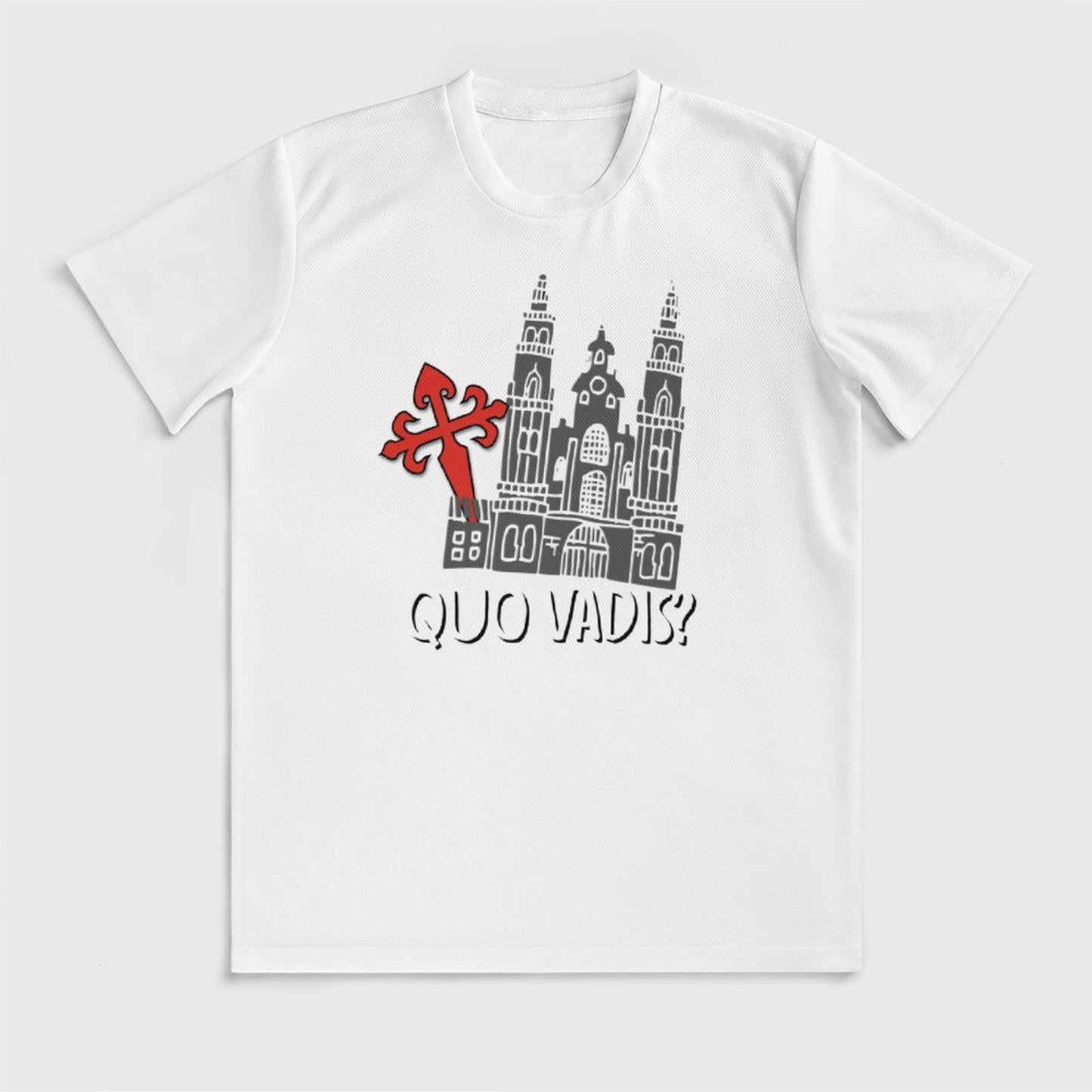 Camiseta Quo Vadis Camino de Santiago – Estampado completo con Cruz de Santiago y Catedral de Compostela