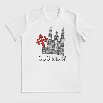 Camiseta Quo Vadis Camino de Santiago – Estampado completo con Cruz de Santiago y Catedral de Compostela