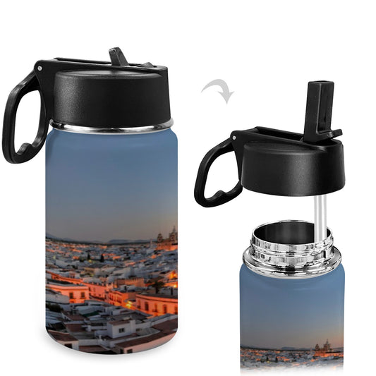 Botella de agua para niños con tapa de pajita puesta de sol (12 oz)