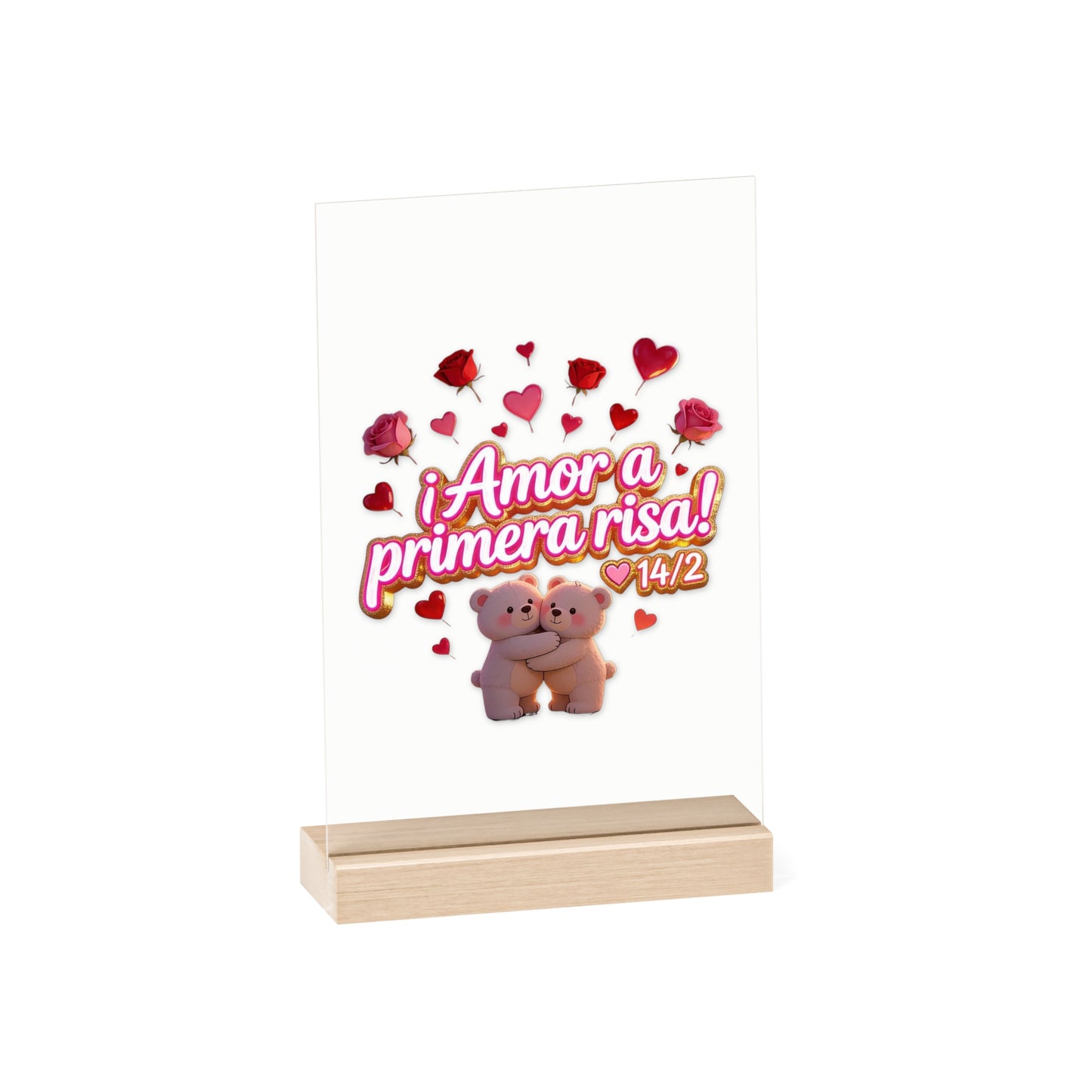Acrylic Sign — "Amor a Primera Risa" Valentine’s Desk Decor (Wooden Stand)