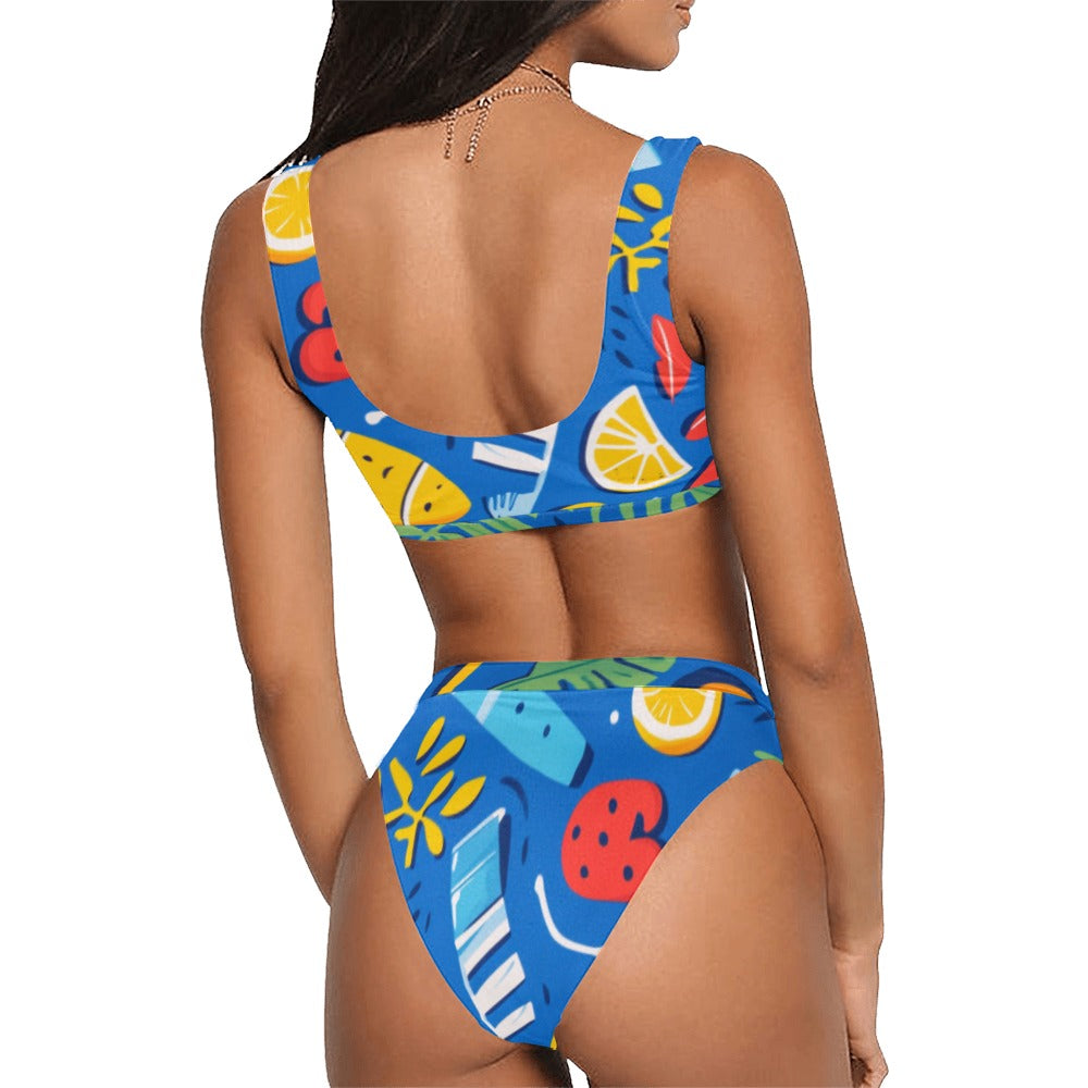 Bikini frutal con top deportivo y traje de baño de cintura alta