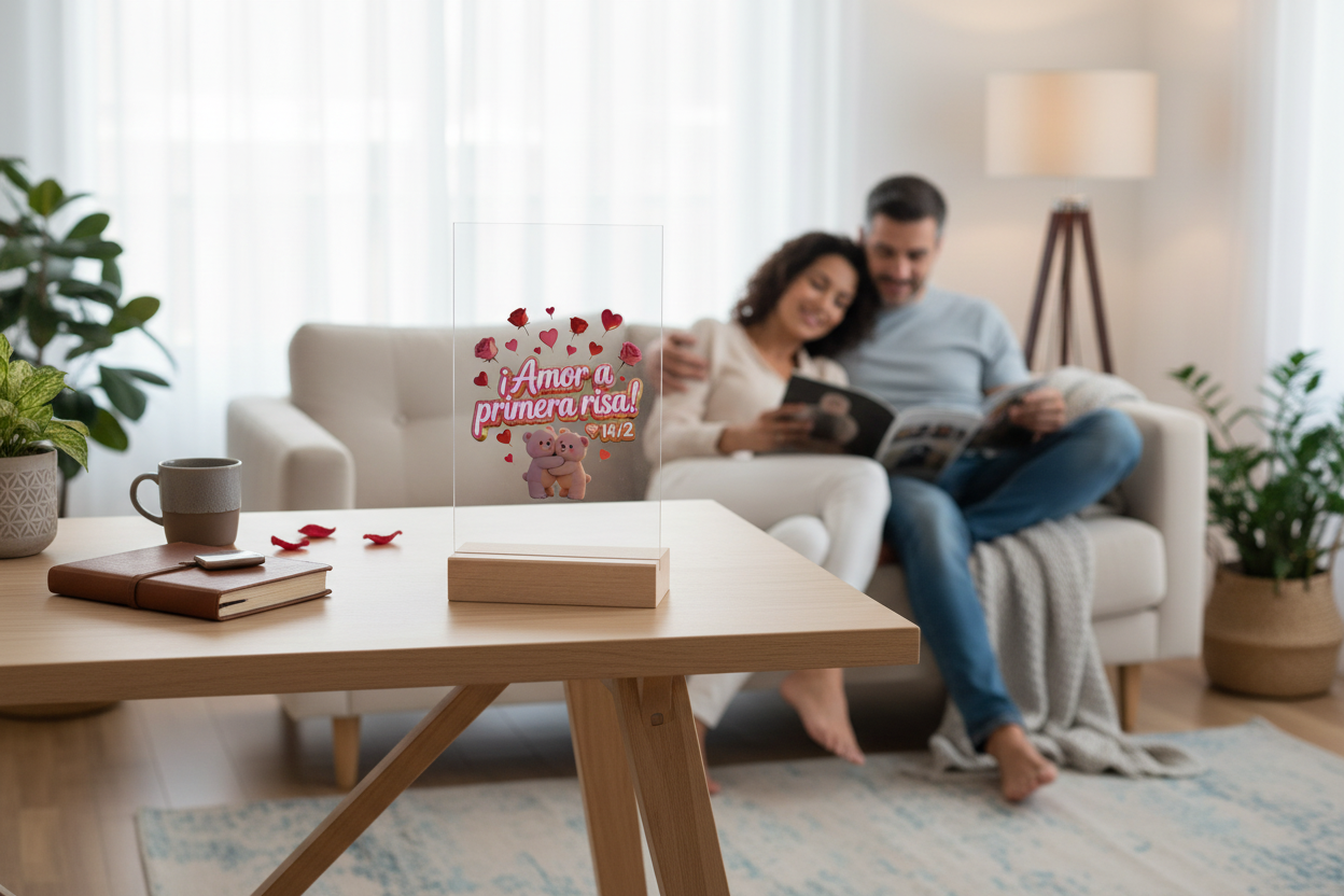 Acrylic Sign — "Amor a Primera Risa" Valentine’s Desk Decor (Wooden Stand)