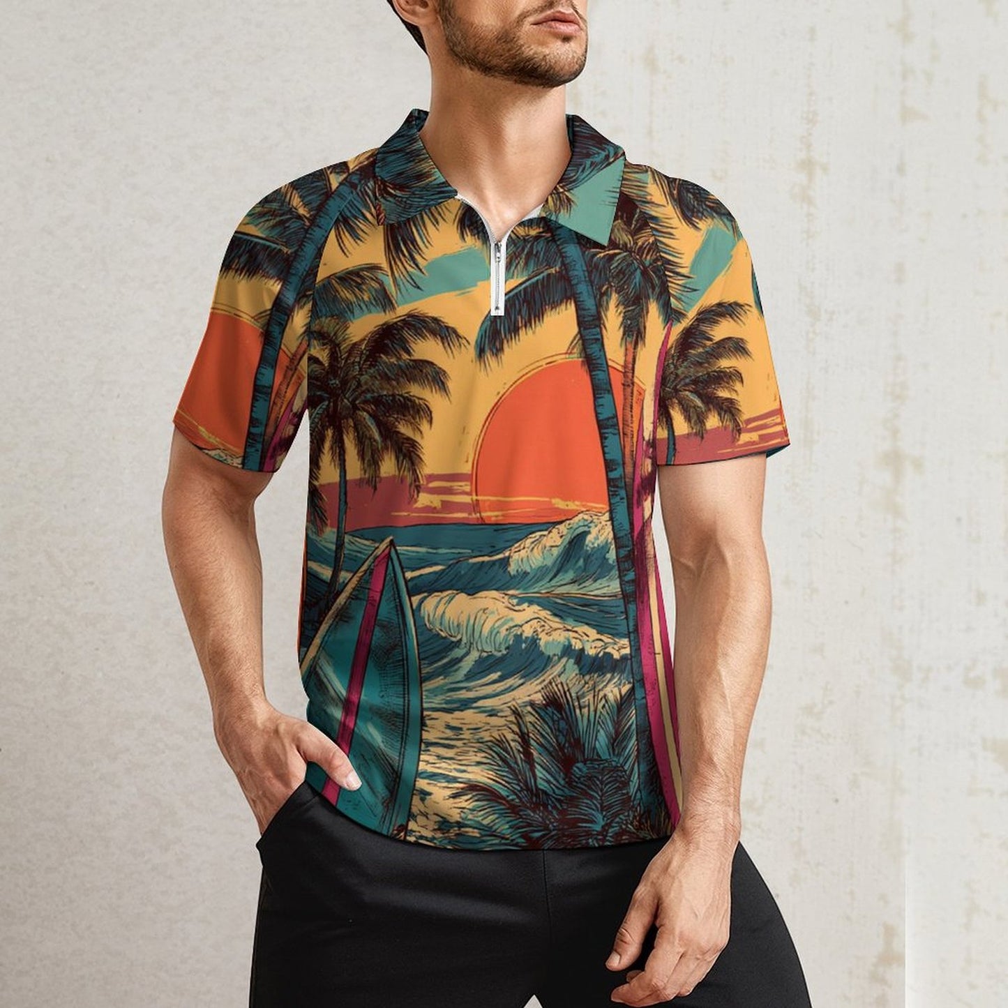 Polo deportivo tropical de manga corta con cremallera para hombre