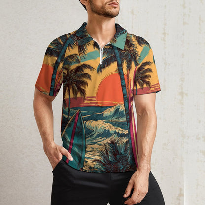 Polo deportivo tropical de manga corta con cremallera para hombre