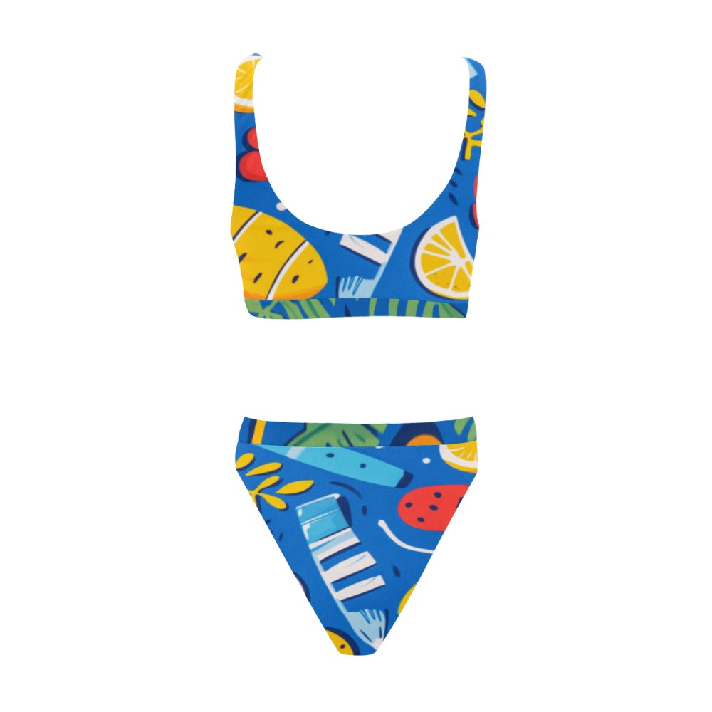 Bikini frutal con top deportivo y traje de baño de cintura alta