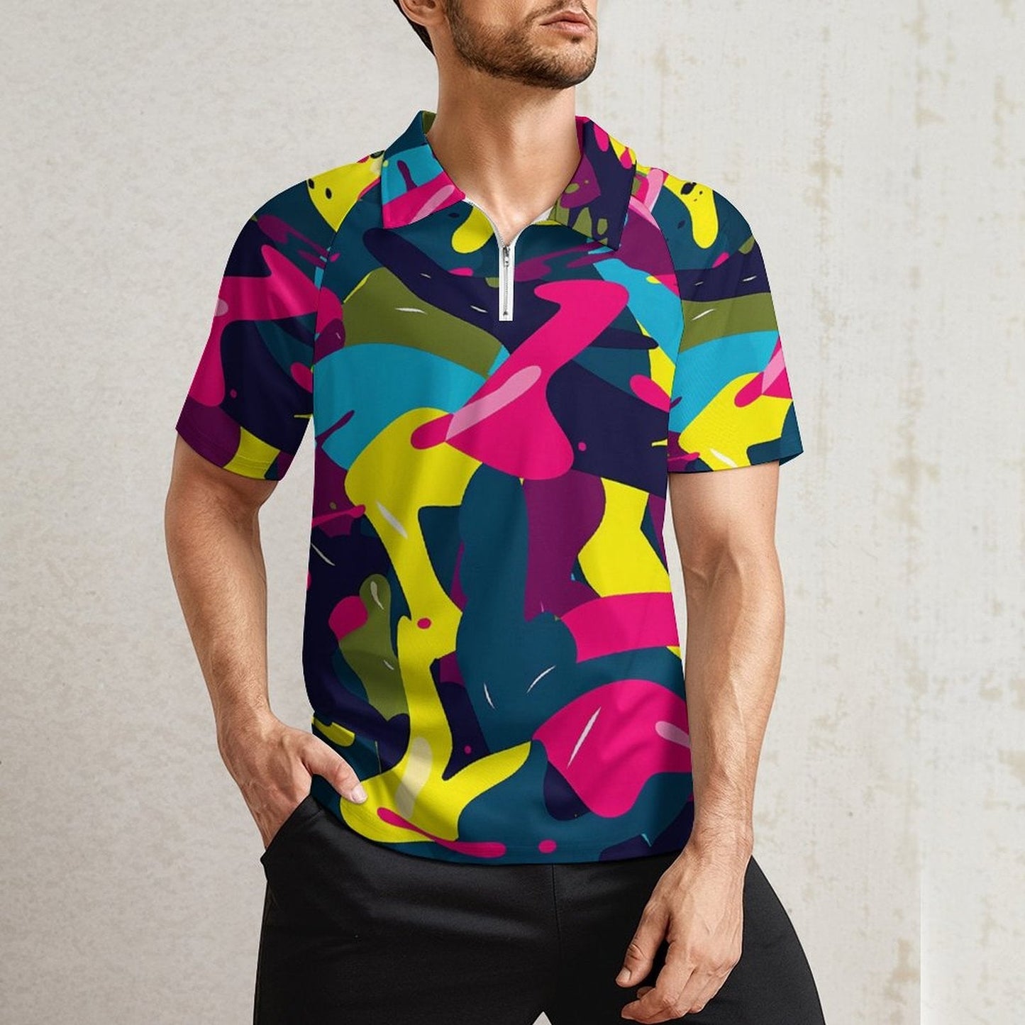 Camiseta Deportiva Cremallera Hombre Manchas de Pintura: Estilo Artístico