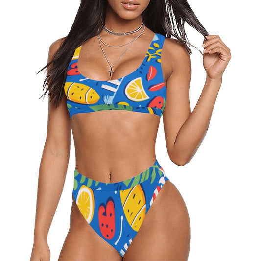 Bikini frutal con top deportivo y traje de baño de cintura alta