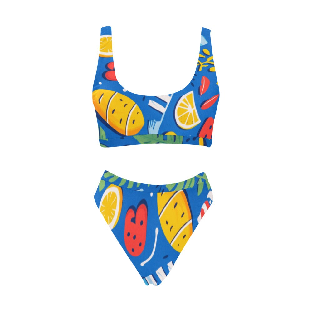 Bikini frutal con top deportivo y traje de baño de cintura alta