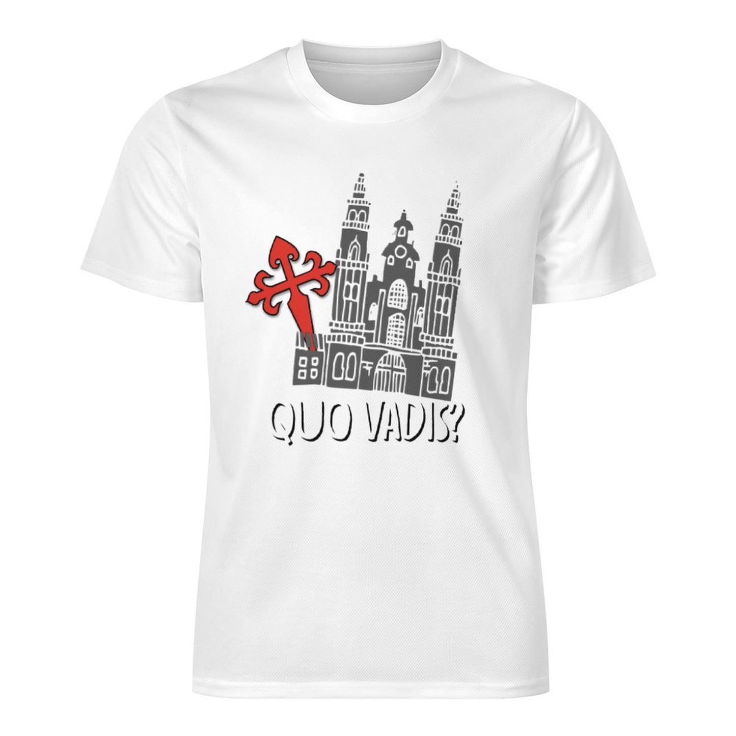 Camiseta Quo Vadis Camino de Santiago – Estampado completo con Cruz de Santiago y Catedral de Compostela