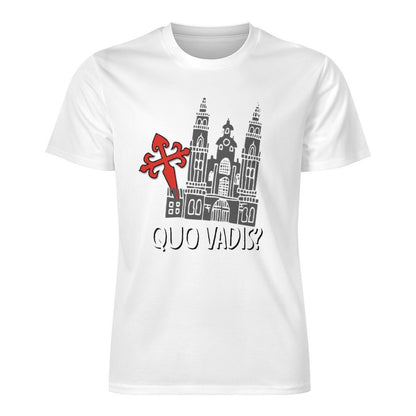 Camiseta Quo Vadis Camino de Santiago – Estampado completo con Cruz de Santiago y Catedral de Compostela