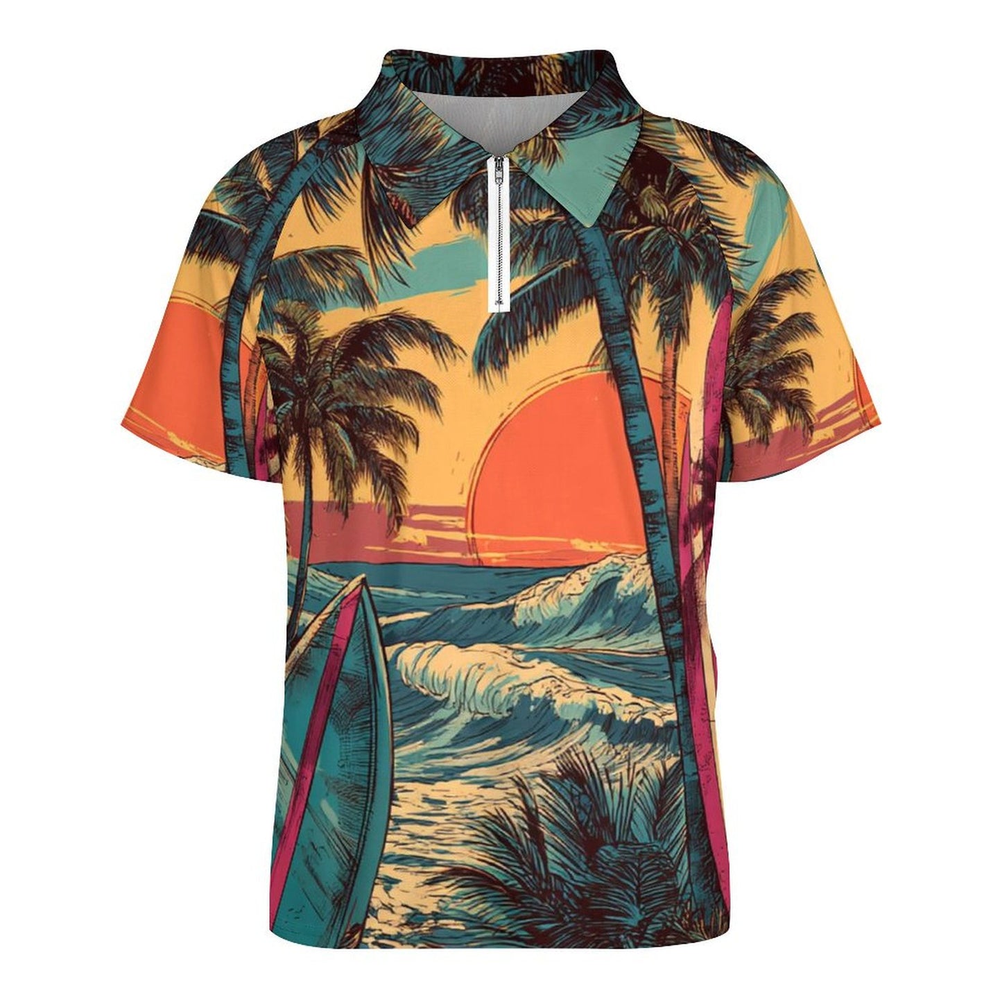 Polo deportivo tropical de manga corta con cremallera para hombre