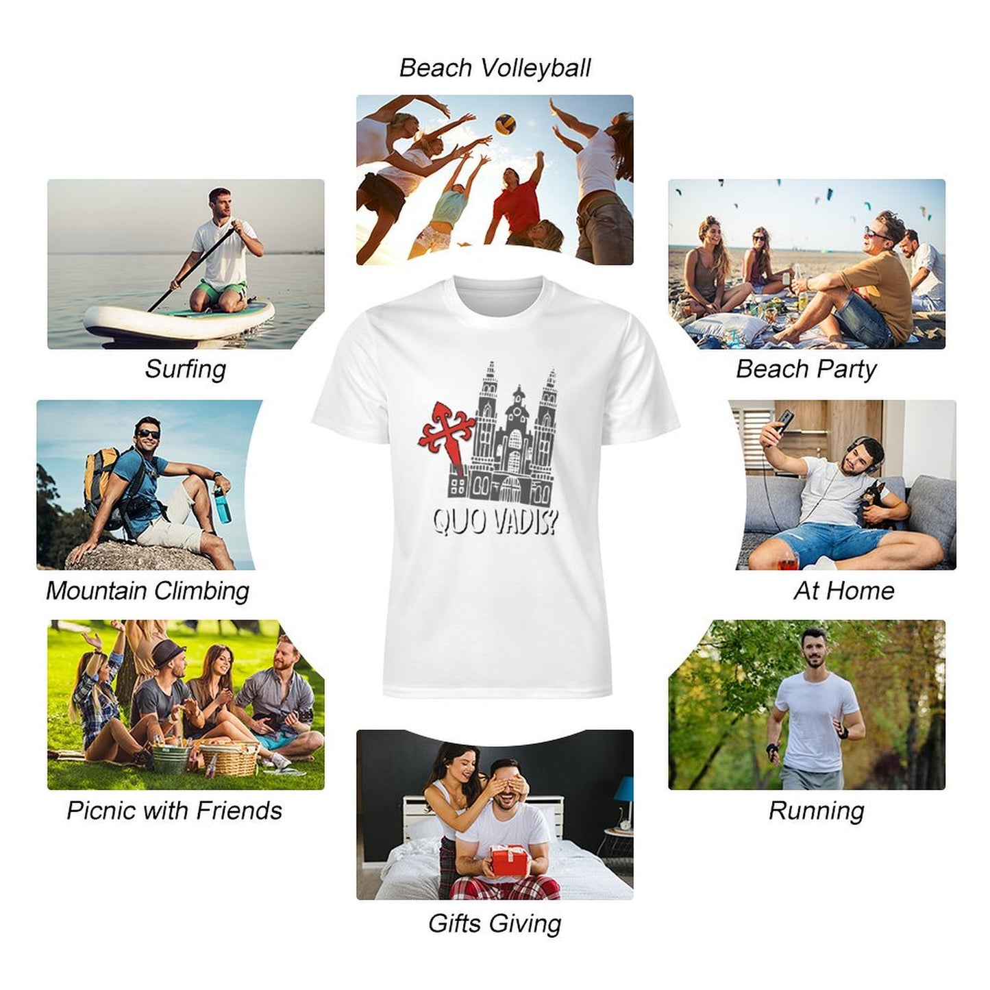 Camiseta Quo Vadis Camino de Santiago – Estampado completo con Cruz de Santiago y Catedral de Compostela