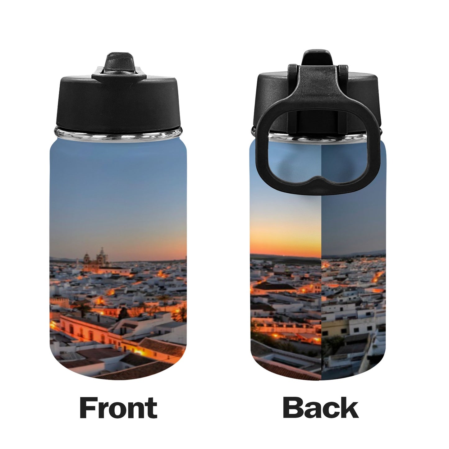 Botella de agua para niños con tapa de pajita puesta de sol (12 oz)