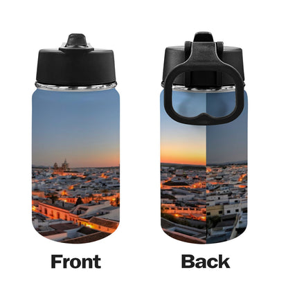 Botella de agua para niños con tapa de pajita puesta de sol (12 oz)